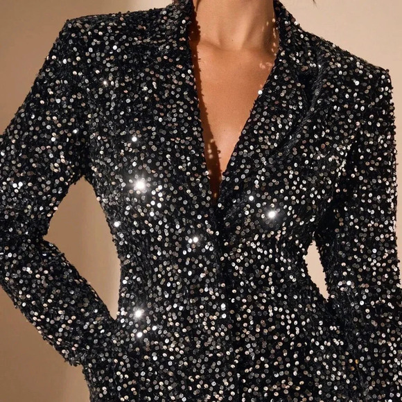 Silver Party Women's Sequin Patchwork Front Button Long Sleeve Elegant Blazer - Picture 7 of 7
